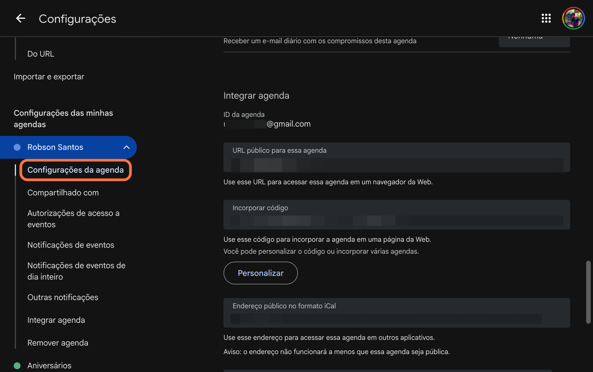Clique em Configurações da agenda…