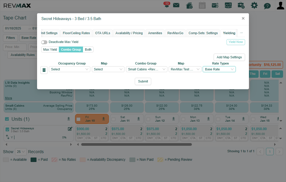 To activate the newly set up Combo Group and Yielding map, click on Yield Now.