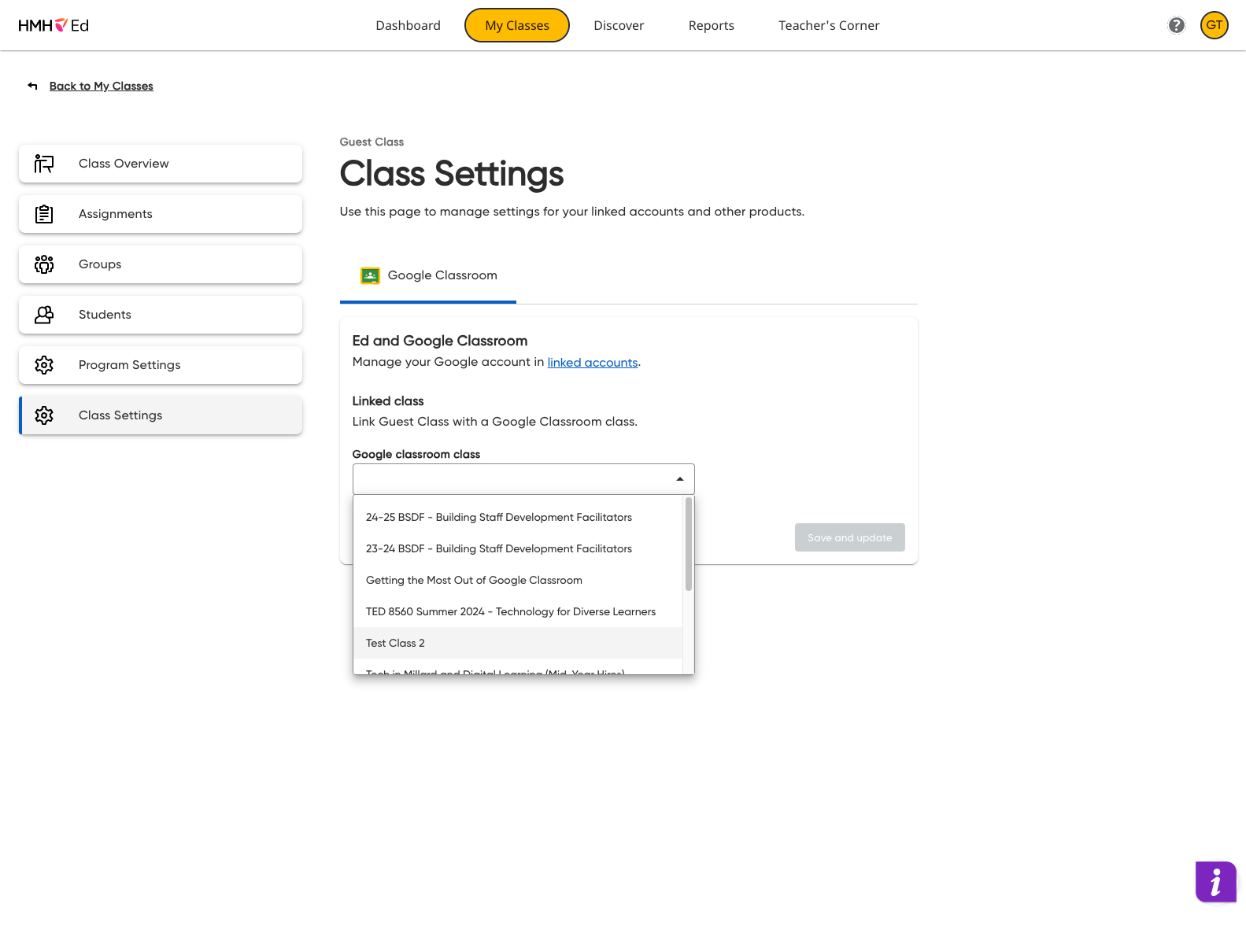 Choose the Google Classroom you would like to link for this class