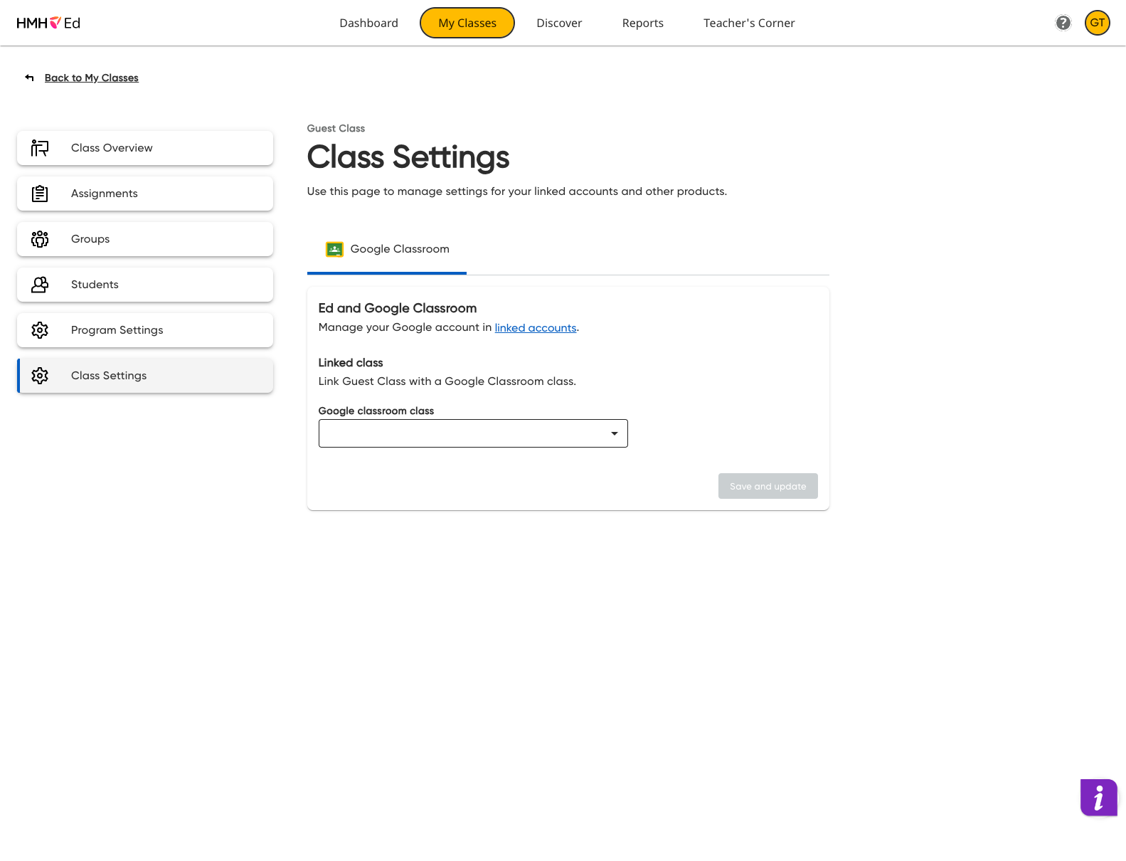 Click on Google classroom class dropdown menu
