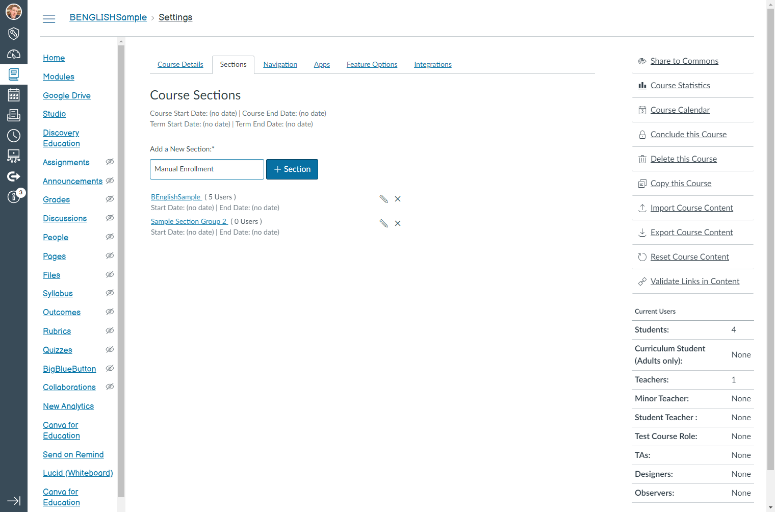 Type "Manual Enrollment" in the Add a New Section field