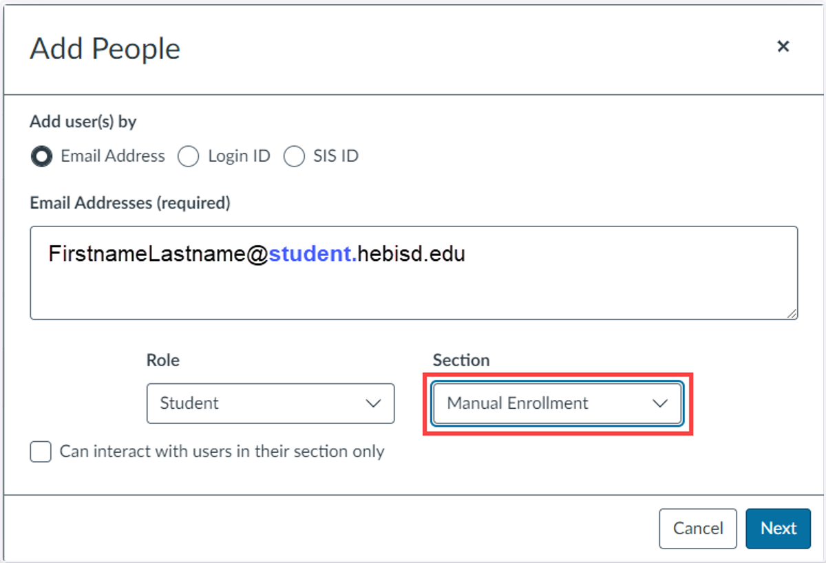 Type Email of student to be added & Change Section to Manual Enrollment