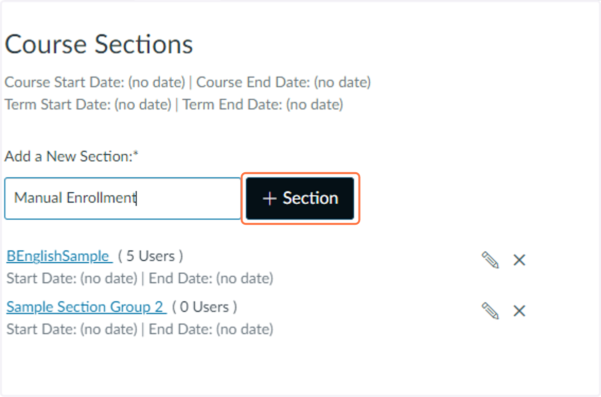 Click the +Section button to save the section