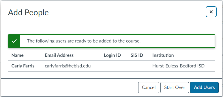 Verify student name and choose Add User