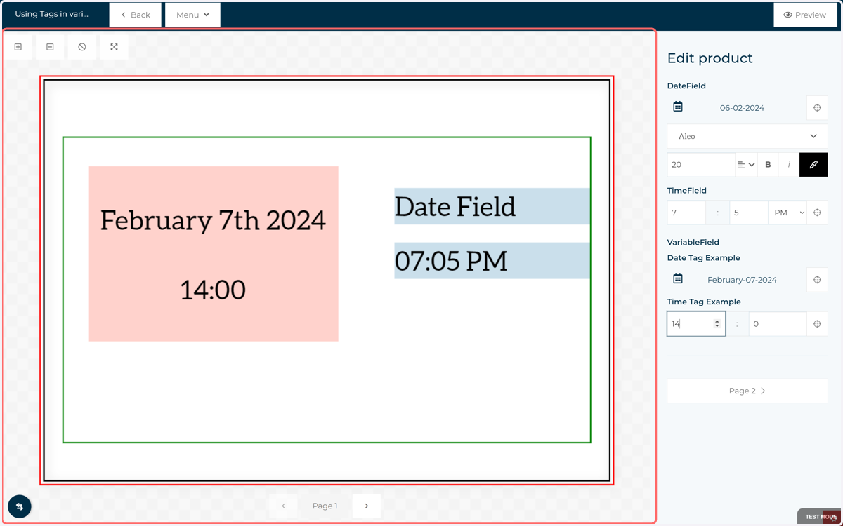The date and time can be changed within the main user-facing form, with the information updated in the relevant field containing both associated variables.