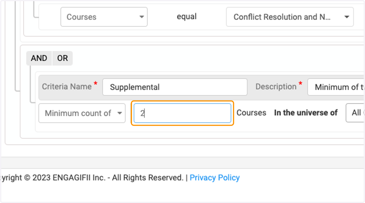 Enter the required amount of courses for this criteria Ex. "2"