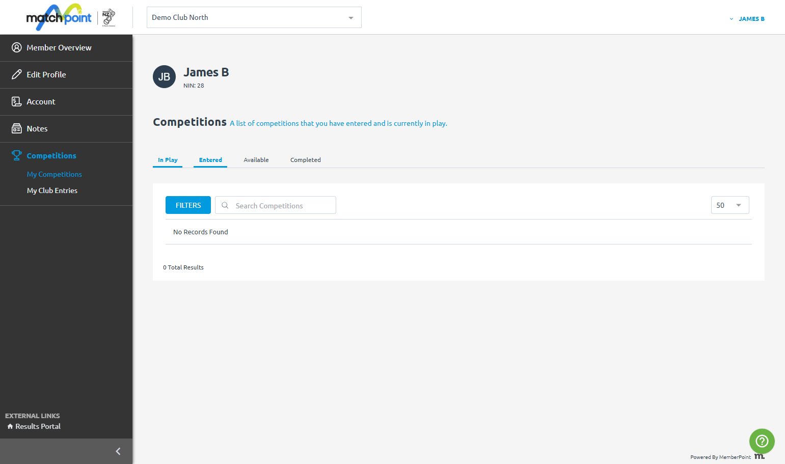 As an administrator you'll be able to see two sections, 'My competitions' and 'My club entries'