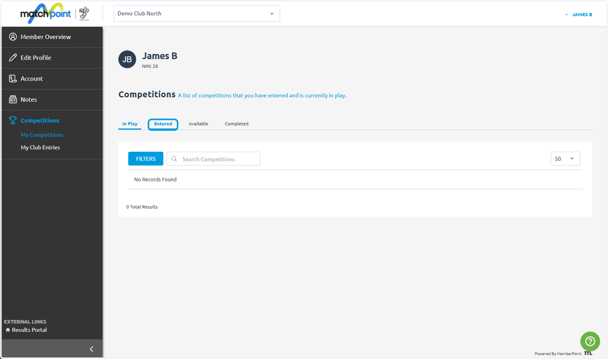 As an administrator you'll be able to see two sections, 'My competitions' and 'My club entries'