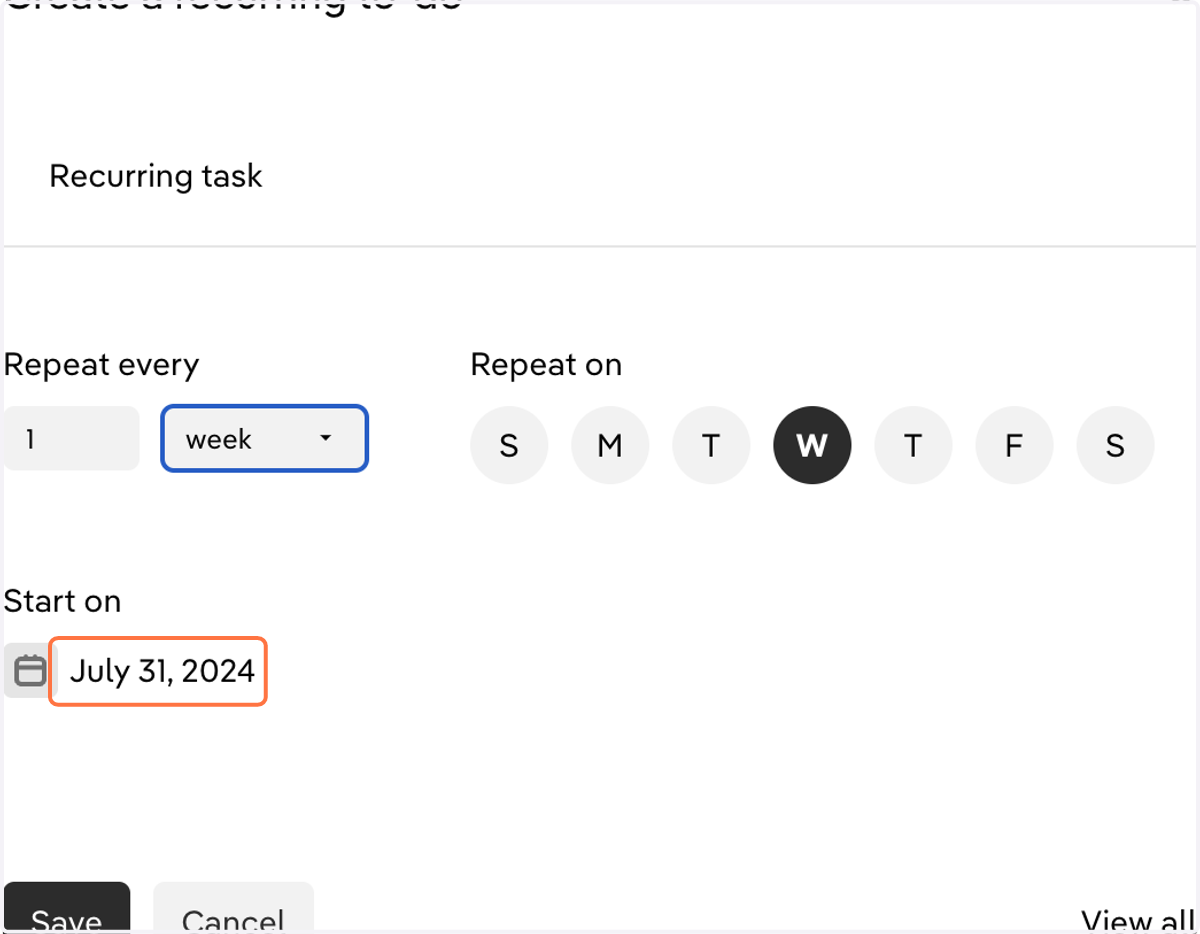 Select a start date for the recurring to-do.