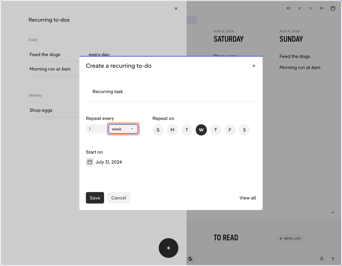 Select a frequency for your recurring to-do.