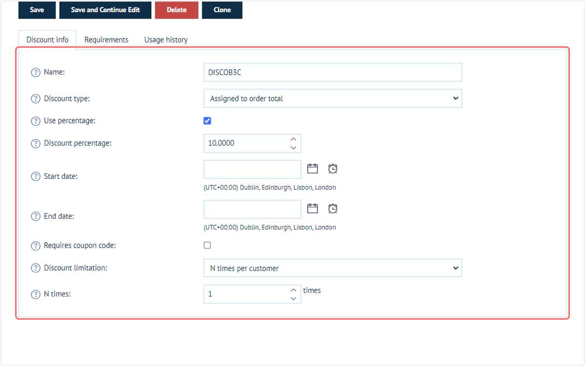 Most information has been duplicated from the initial discount, however the name and coupon code (if selected) will be modified based on the generated codes.