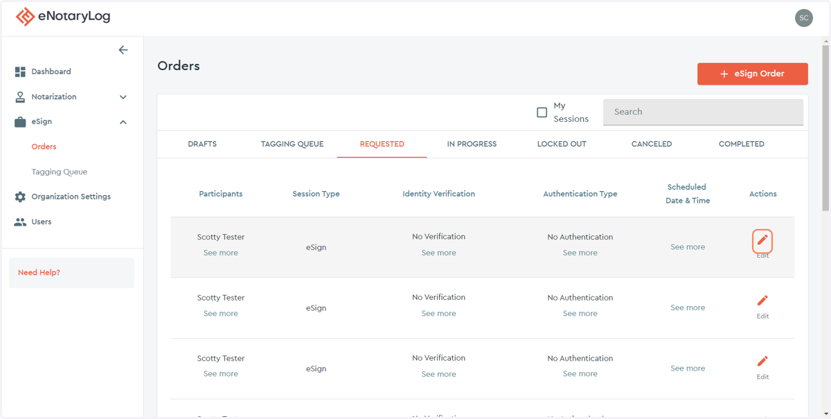 Click on the edit action on the far right of the page for the eSign order you wish to cancel.