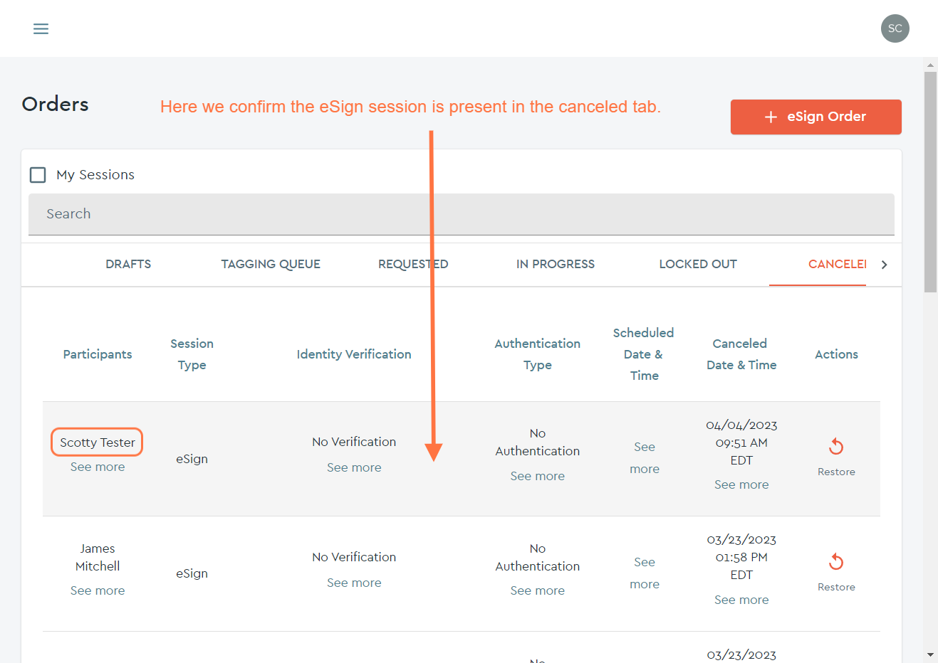 Either search or scroll down to find the cancelled order.