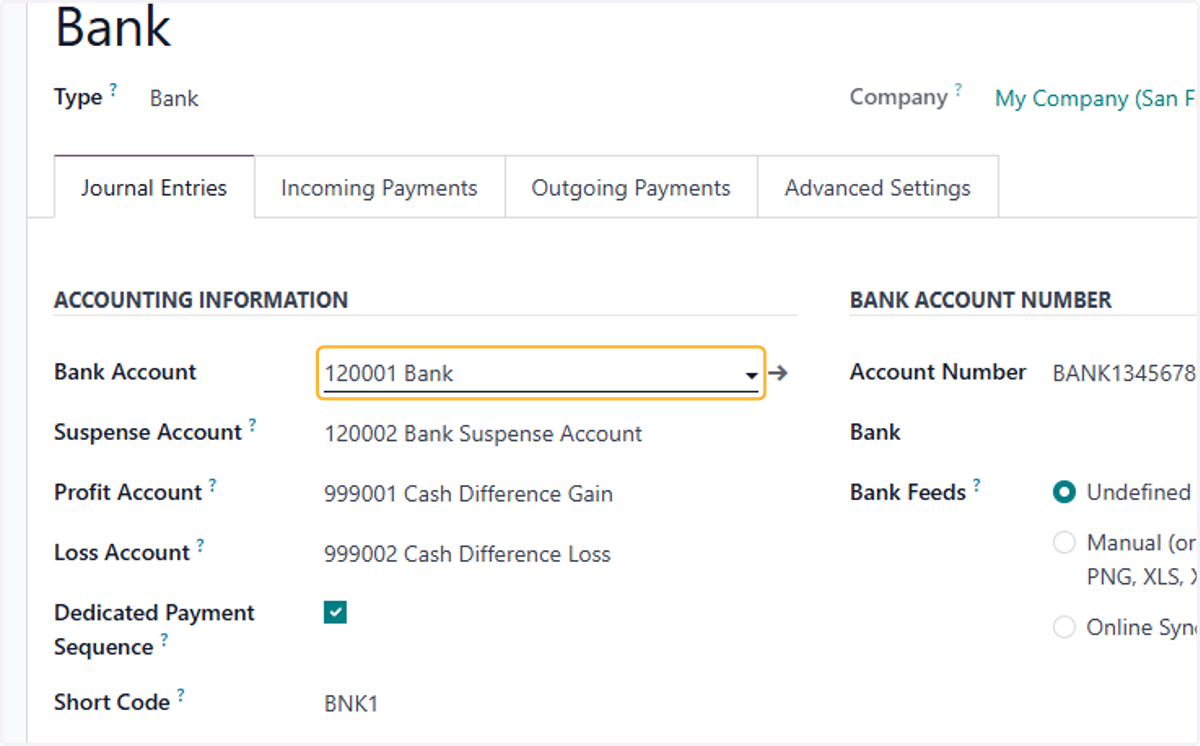 Select relevant on Bank Account . In case of multiple bank accounts & bank journals, Individual bank accounts are required to be created for each bank journal