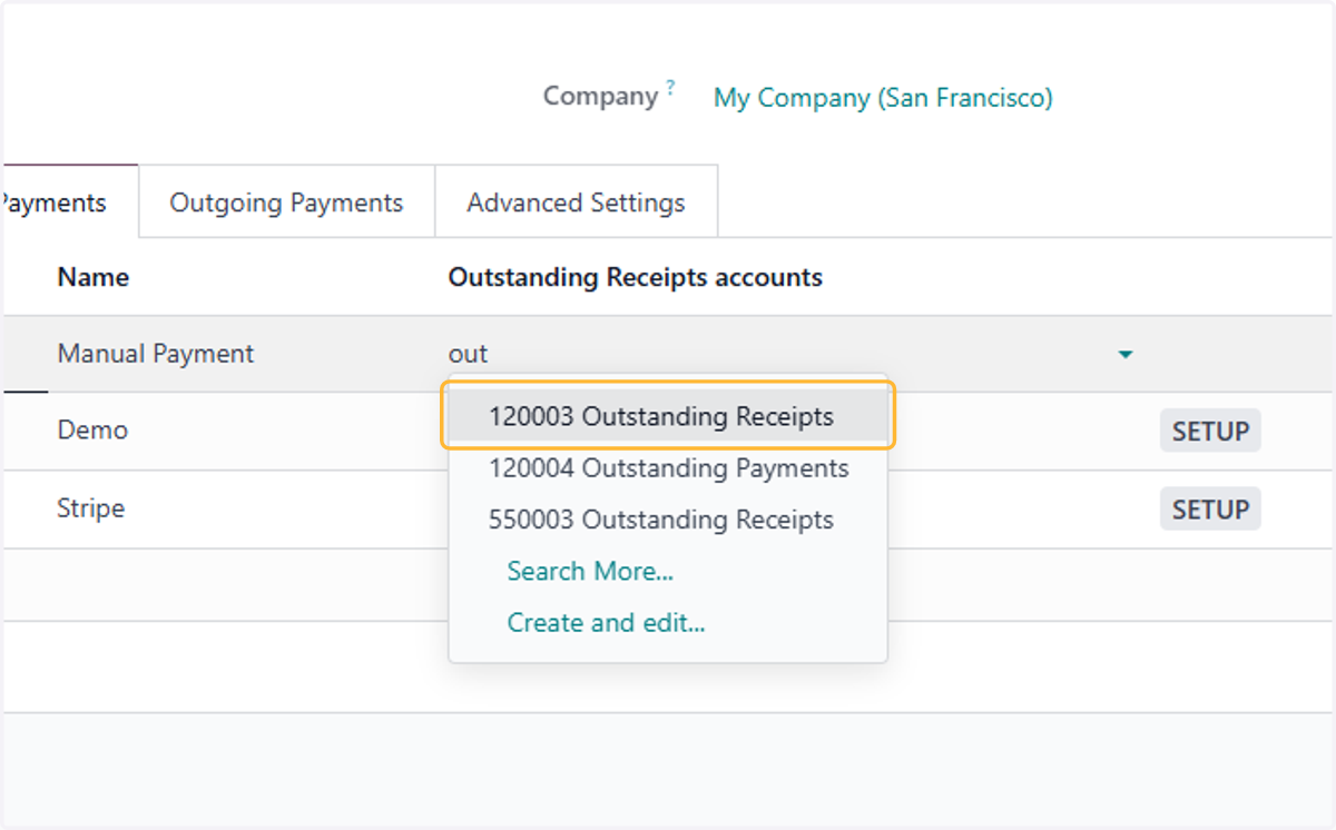 For example, 120003 Outstanding Receipts has been selected.