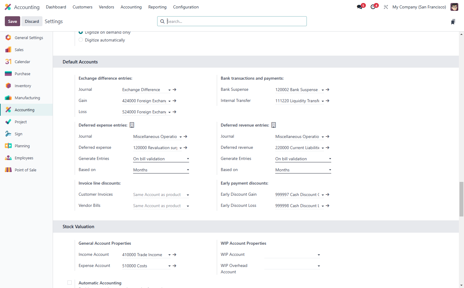 Exchange difference accounts are created & set by default. You can change/amend the selected accounts if necessary