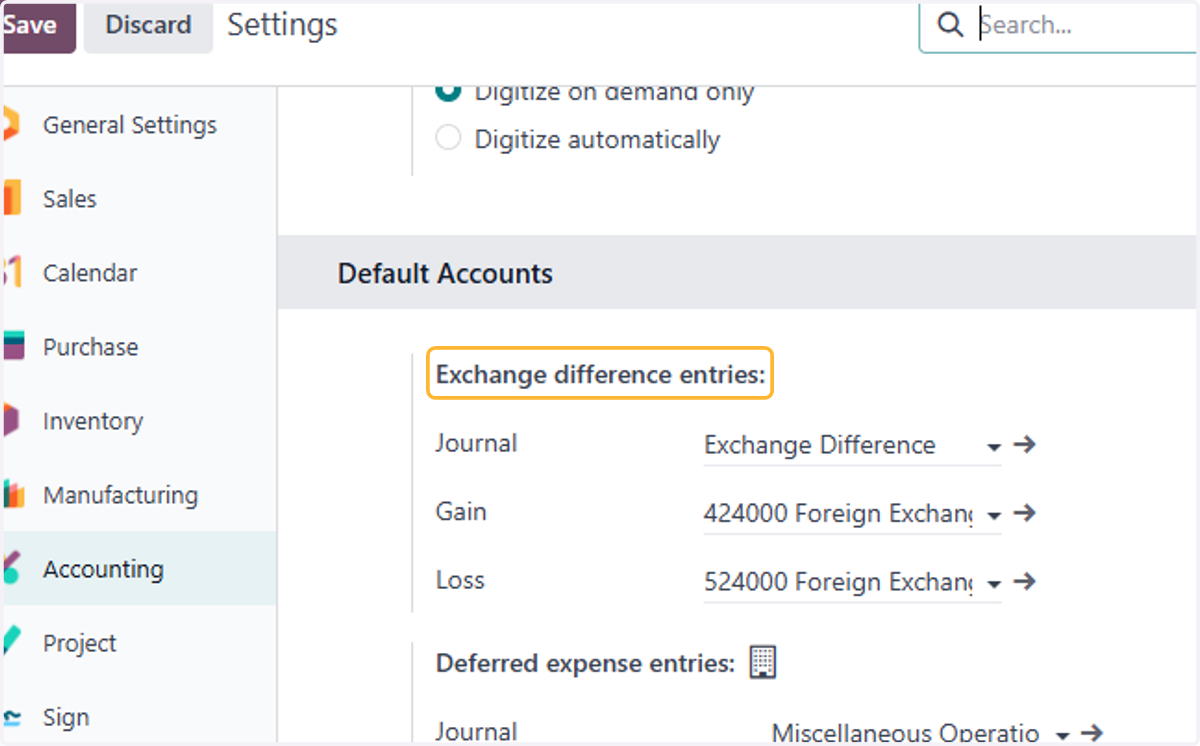 Exchange difference accounts are created & set by default. You can change/amend the selected accounts if necessary