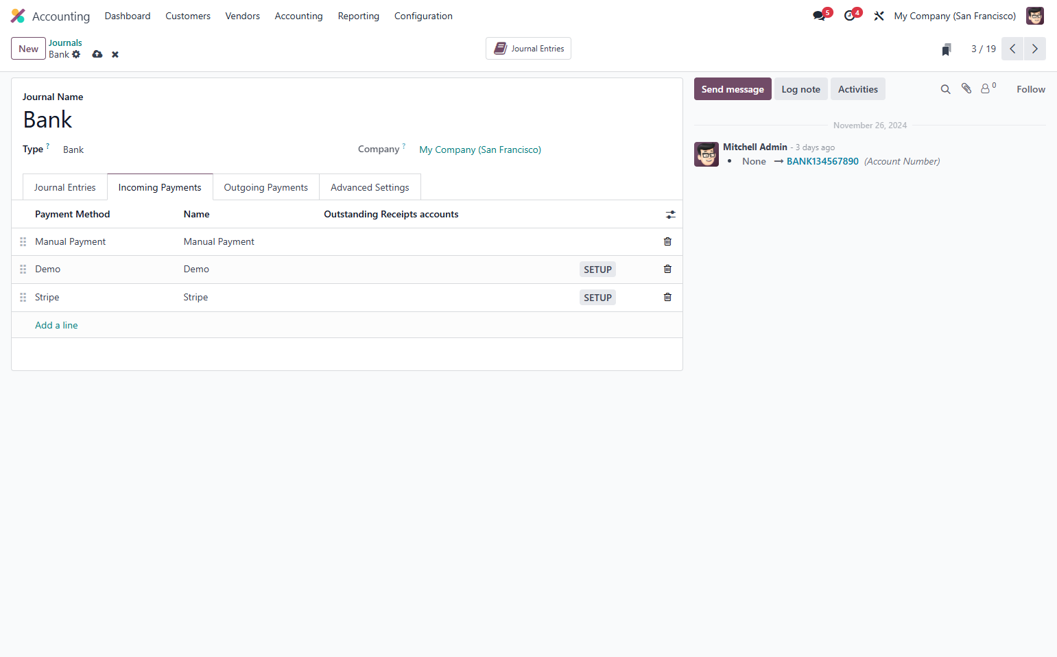 Add or remove payment methods used in the journal