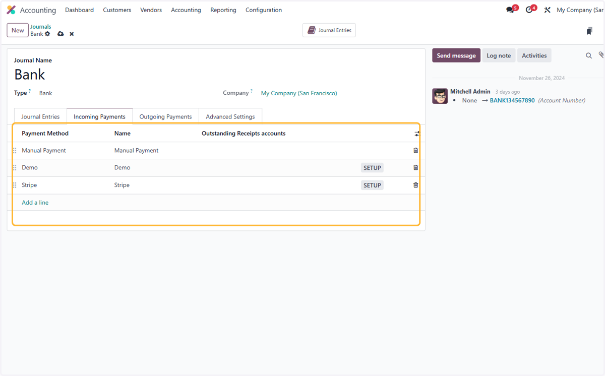 Add or remove payment methods used in the journal