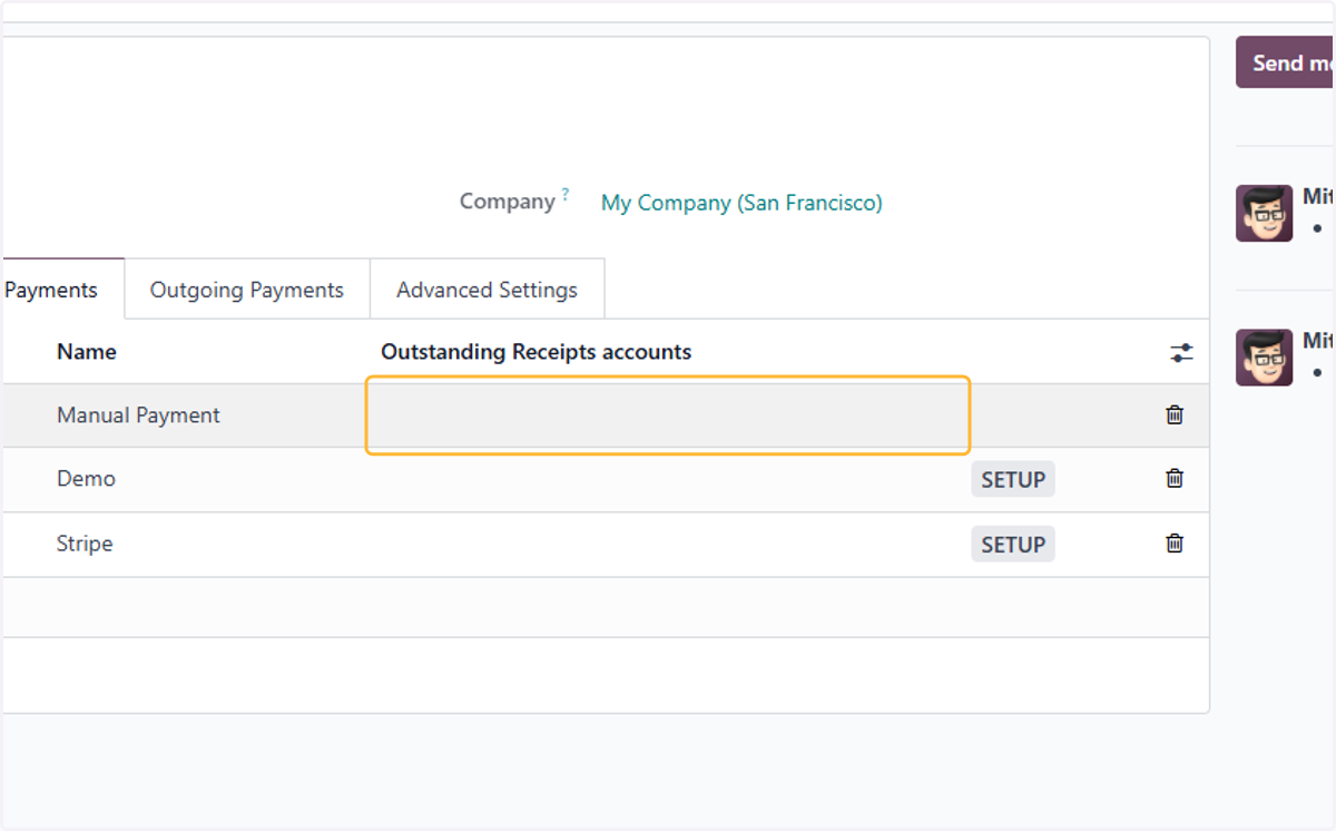 By default, Manual Payment is set to Outstanding Receipts account selected in Configuration>settings . Change if necessary.