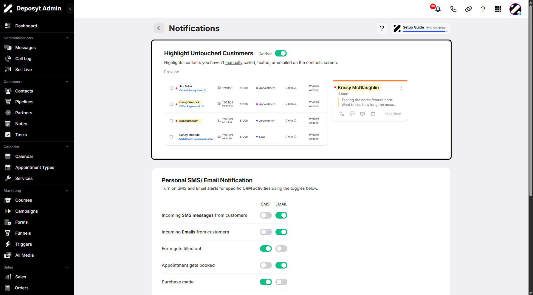 Step 6: You can then enable Untouched Customers by toggling the switch on. Untouched Customers refers to customers who have not been manually contacted by call, text, or email.