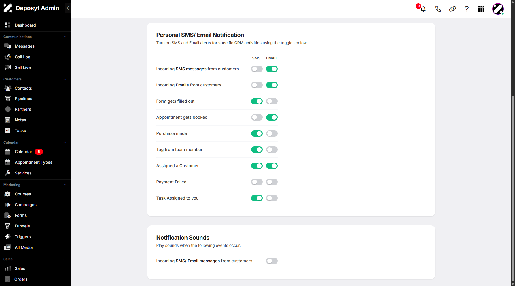 Step 8: Lastly, Notification Sounds for incoming SMS and email messages from customers. When enabled, it will play a sound as a notification.