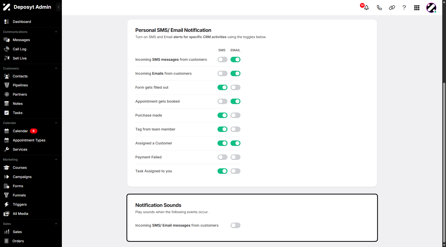 Step 8: Lastly, Notification Sounds for incoming SMS and email messages from customers. When enabled, it will play a sound as a notification.