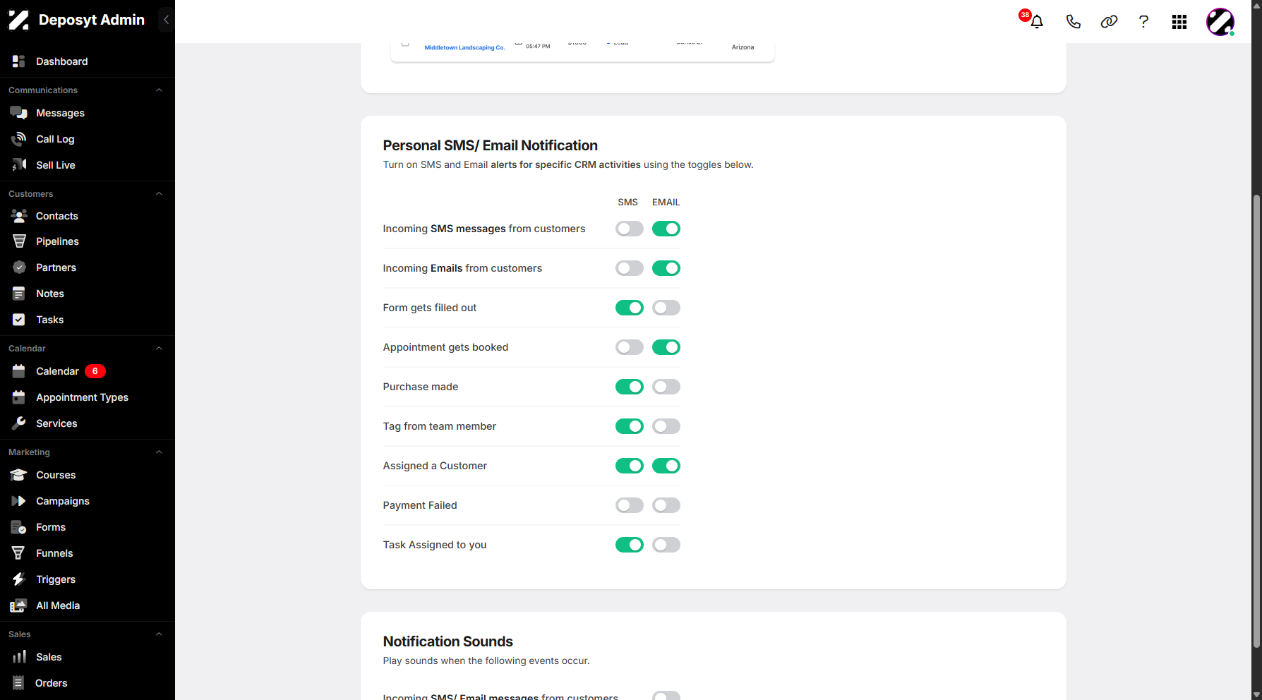 Step 7: Next, you can turn on SMS and email alerts for specific CRM activities by toggling the switch on.