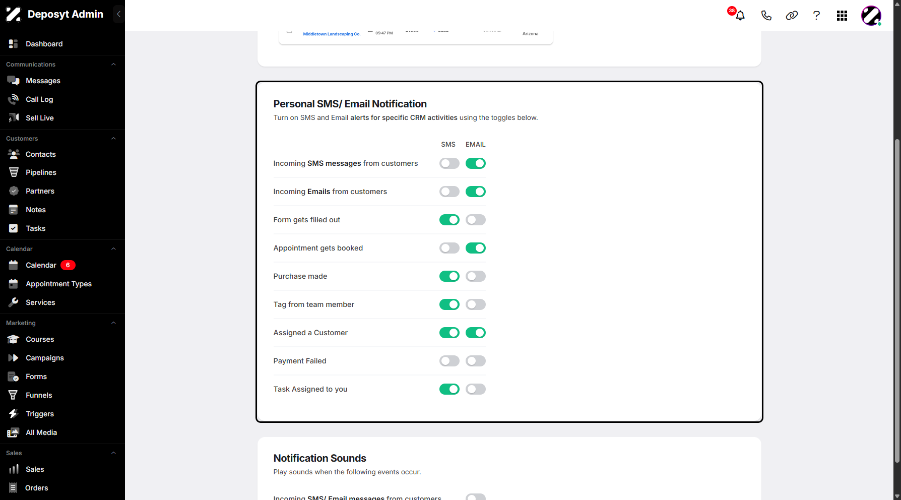 Step 7: Next, you can turn on SMS and email alerts for specific CRM activities by toggling the switch on.