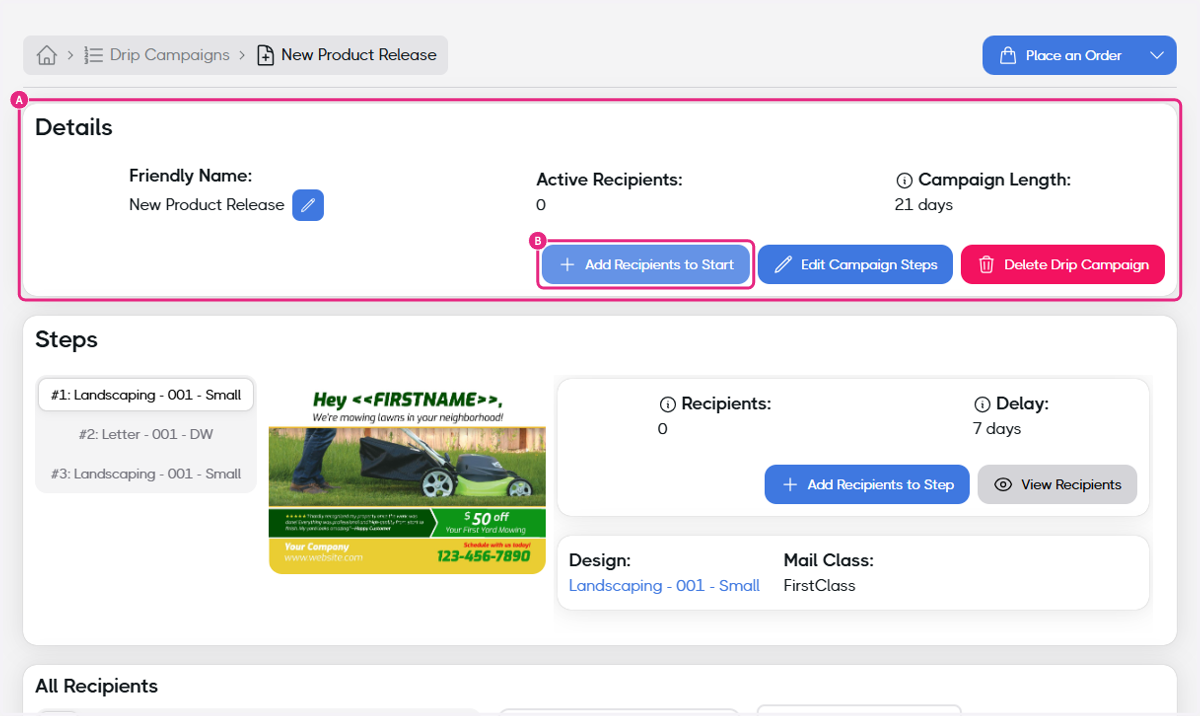 A. Click on Details… B. Click on Add Recipients to Start
