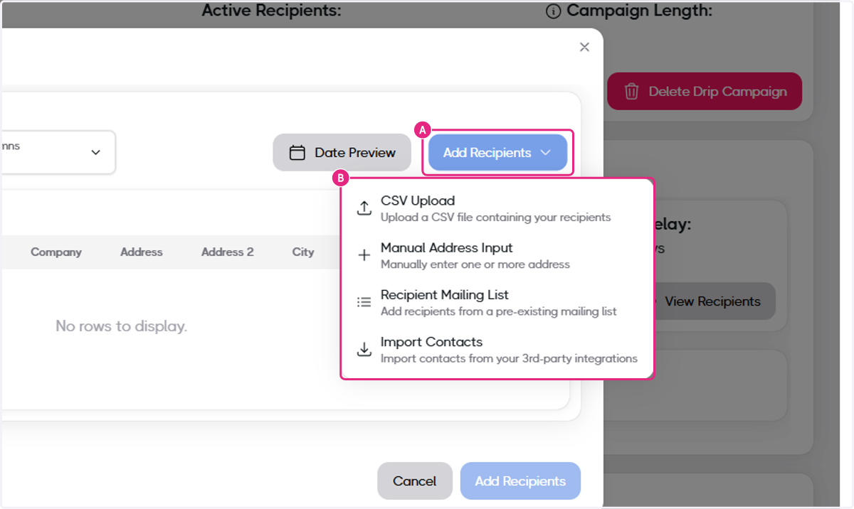 A. Click on Add Recipients B. choose an option from the Add recipients selection picklist