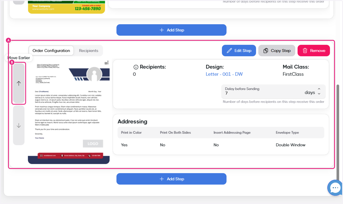 A. Click on Order Configuration… B. Click on Move Earlier
