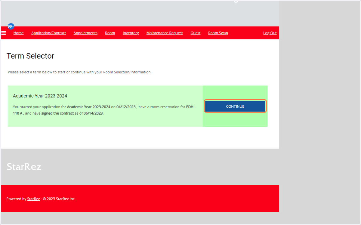 Click on Continue for selected term