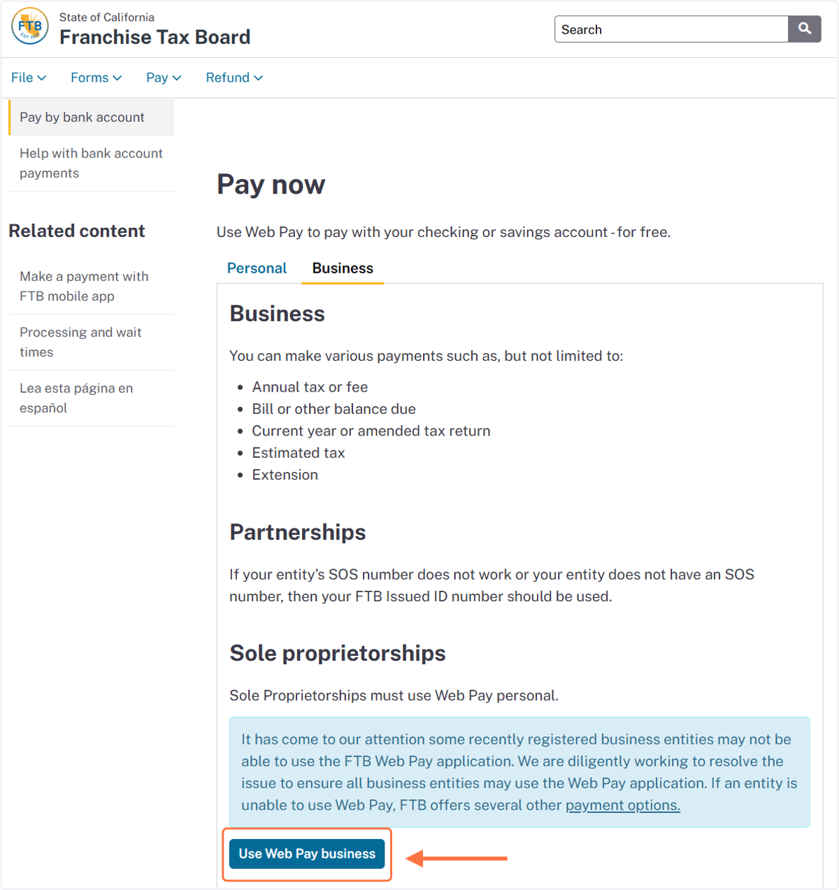 Click on Use Web Pay Business