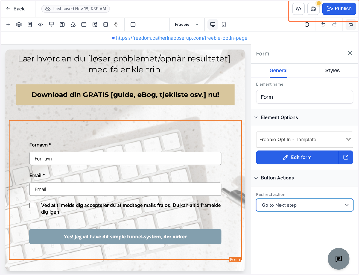 Klik på Save eller Publish