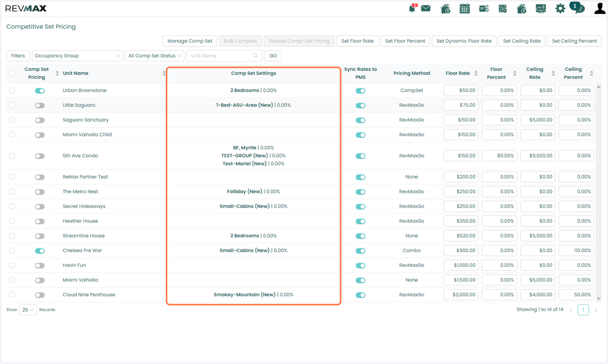 After saving your changes, you can view the assigned CompSet Group in the CompSet Settings column for the unit.