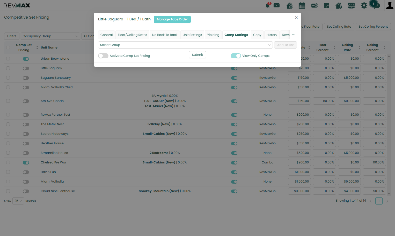 If you prefer to configure CompSet Pricing for an individual unit, go to the Unit-Level Settings > Comp Settings tab.