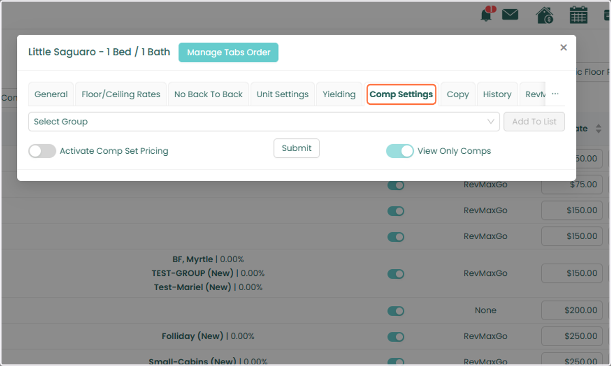If you prefer to configure CompSet Pricing for an individual unit, go to the Unit-Level Settings > Comp Settings tab.