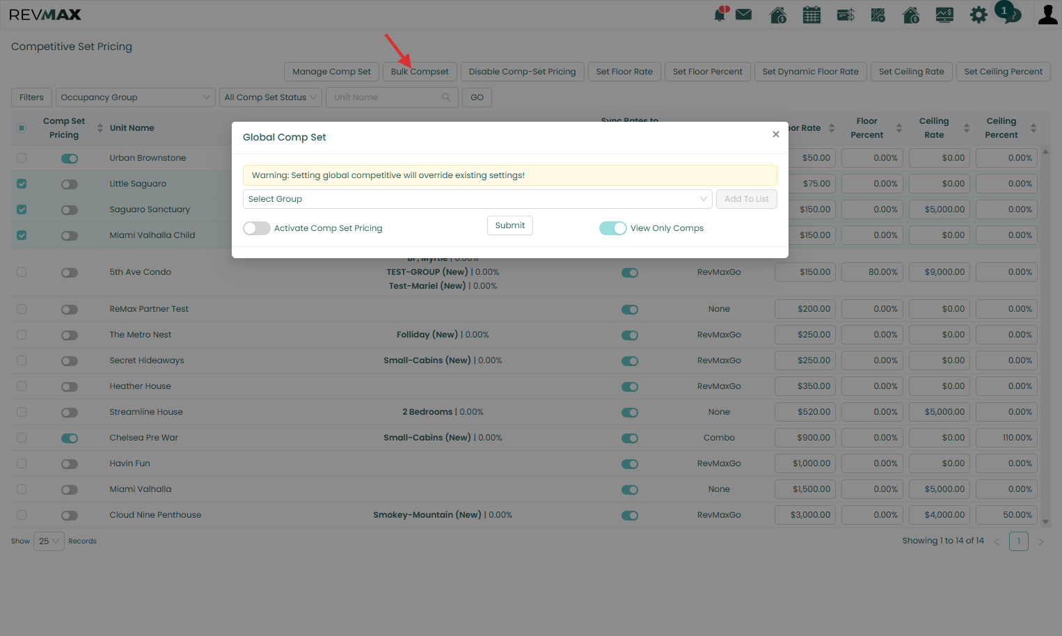 From this page, you can assign CompSet Groups and enable CompSet Pricing in bulk by selecting the desired unit(s) and clicking Bulk CompSet.