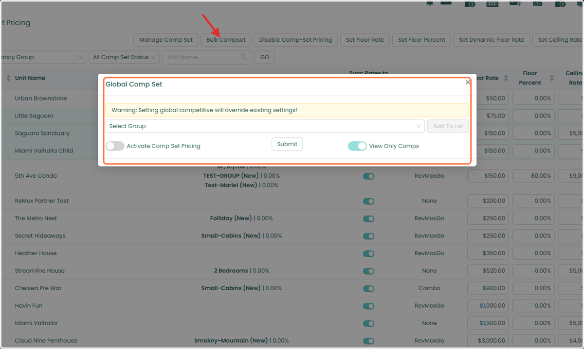 From this page, you can assign CompSet Groups and enable CompSet Pricing in bulk by selecting the desired unit(s) and clicking Bulk CompSet.