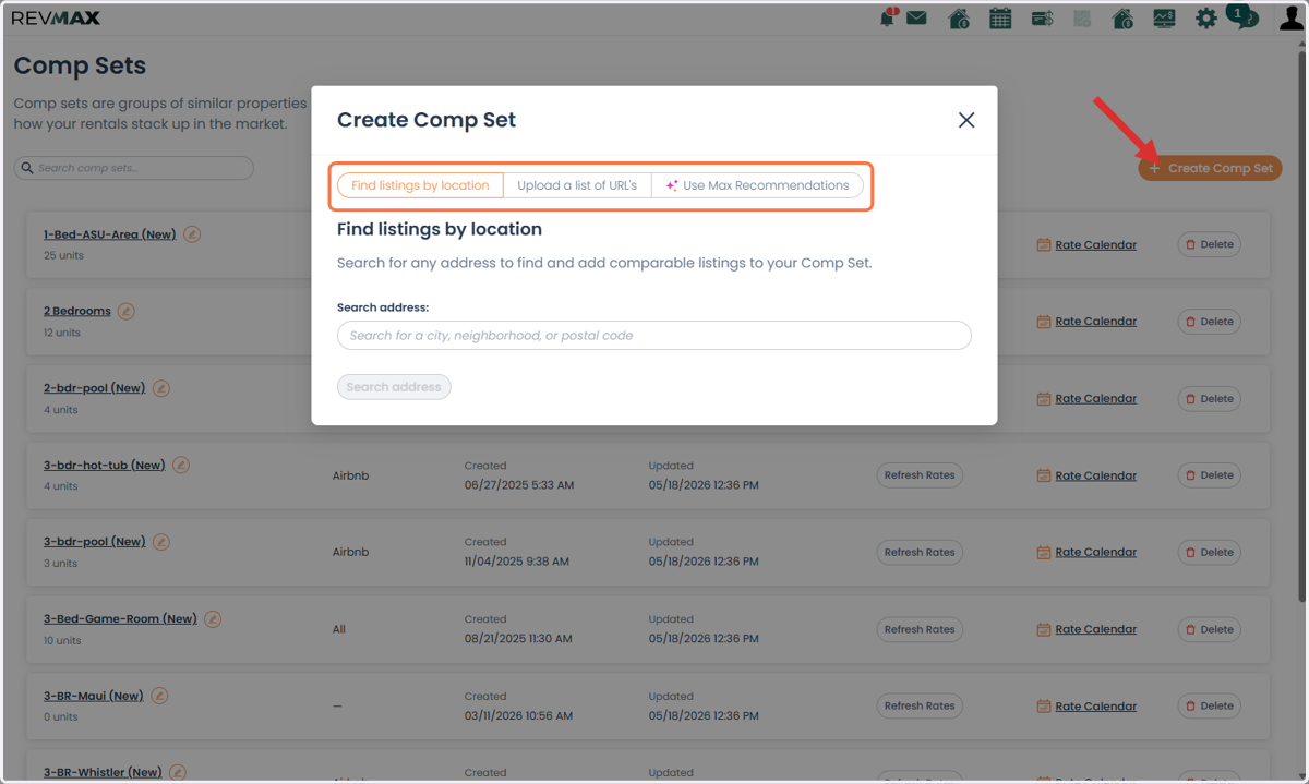 If you do not have any CompSet Groups yet, you can create one by clicking Create Comp Set.