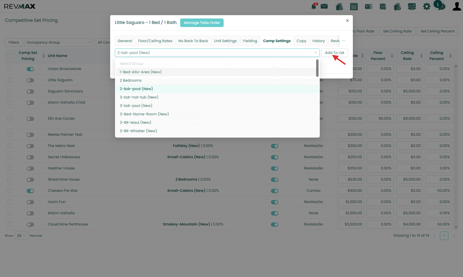 On the Comp Settings tab, select the desired CompSet Group/s from the dropdown menu and click Add to List.