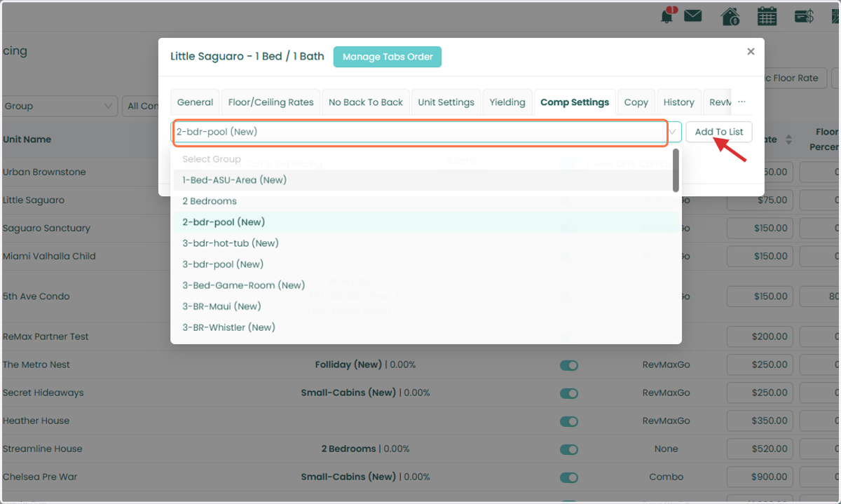 On the Comp Settings tab, select the desired CompSet Group/s from the dropdown menu and click Add to List.