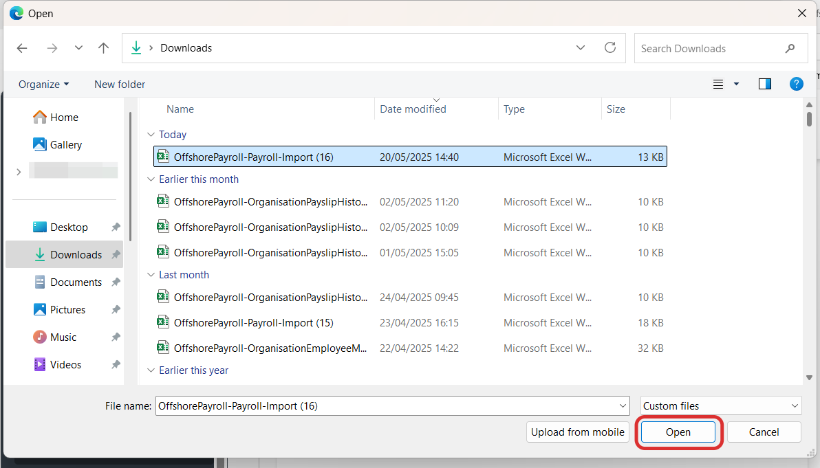 Select the saved spreadsheet and select 'Open'