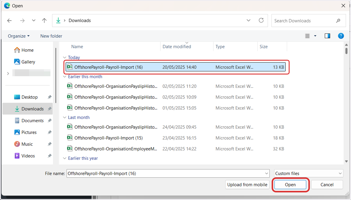 Select the saved spreadsheet and select 'Open'