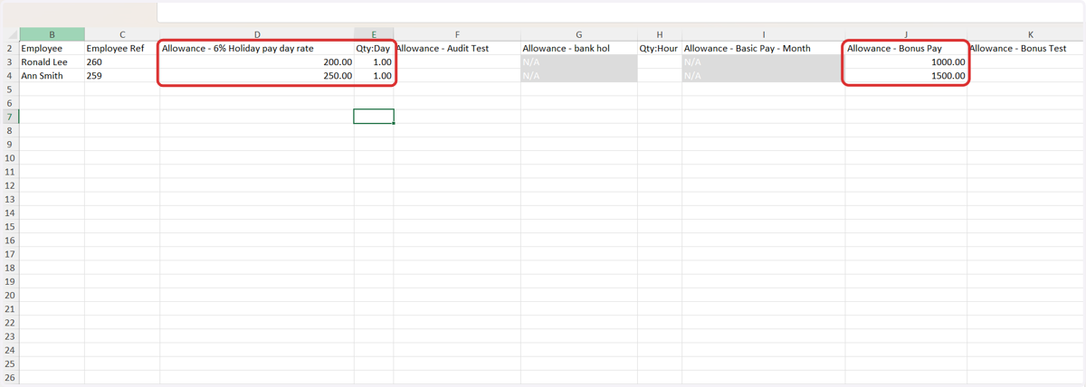 Fill in the necessary pay element details for each employee, including values like bonuses, or holiday allowance.
