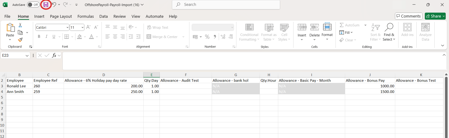 Save the completed import sheet