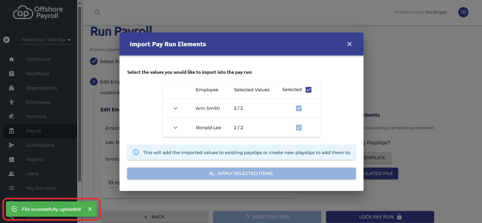 Click 'Apply Selected Items' Once satisfied with the data, click Apply Selected Items to process the import.