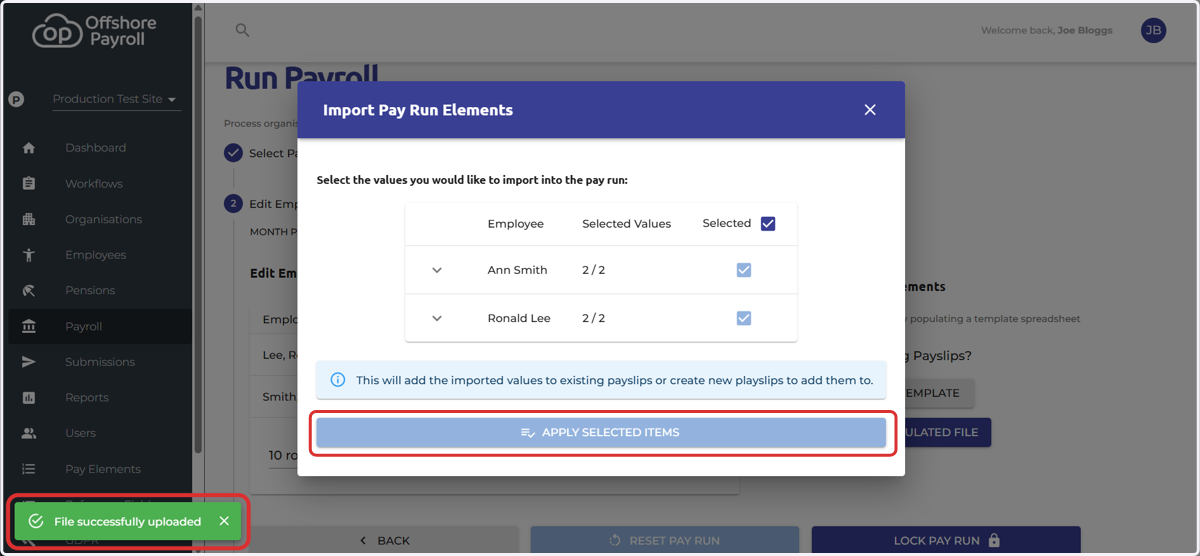 Click 'Apply Selected Items' Once satisfied with the data, click Apply Selected Items to process the import.