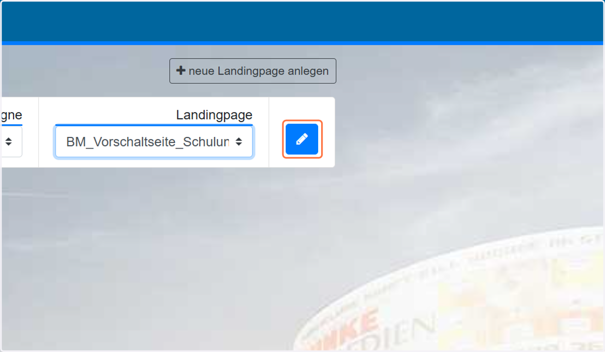 Auf den Stift klicken um die Landingpage zu bearbeiten